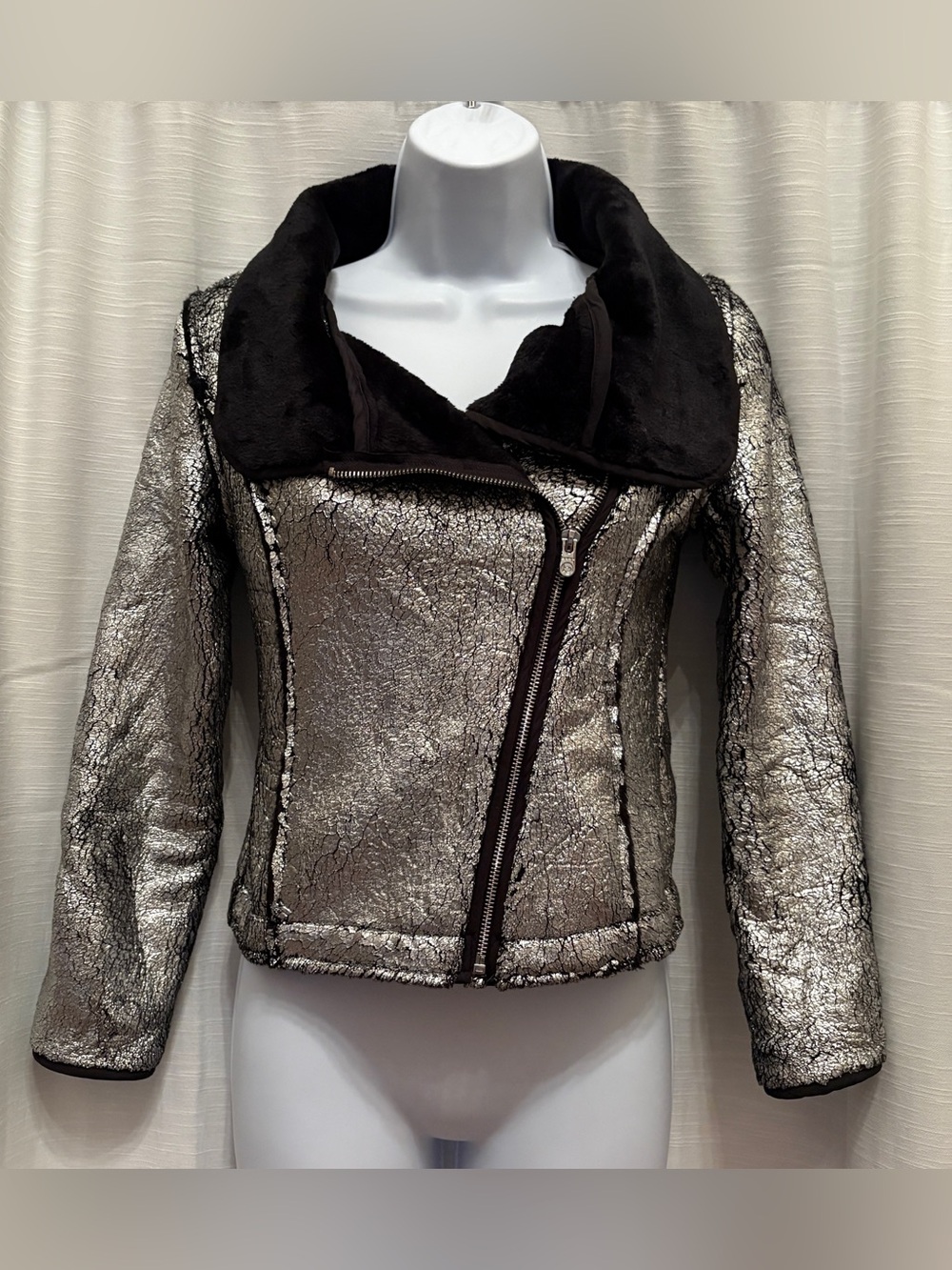 bebe Metallic Silver Bomber Jacket with Black Faux-Shearling